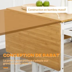 Ensemble table de bar pliable sur roulettes avec 2 tiroirs - 2 tabourets inclus - bois bambou verni et blanc