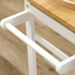 Ensemble table de bar pliable sur roulettes avec 2 tiroirs - 2 tabourets inclus - bois bambou verni et blanc