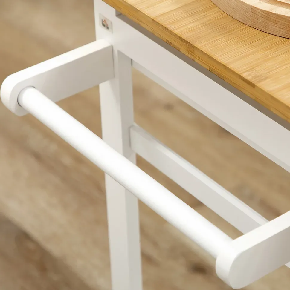Ensemble table de bar pliable sur roulettes avec 2 tiroirs - 2 tabourets inclus - bois bambou verni et blanc