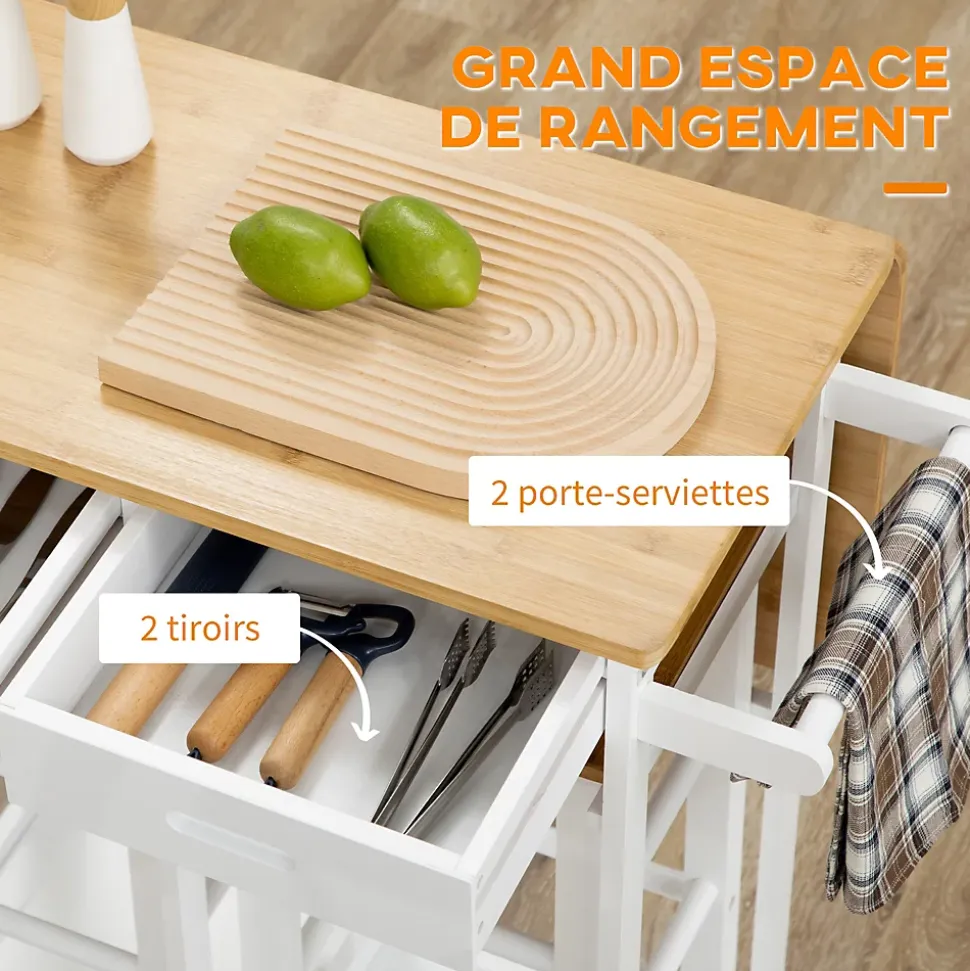 Ensemble table de bar pliable sur roulettes avec 2 tiroirs - 2 tabourets inclus - bois bambou verni et blanc