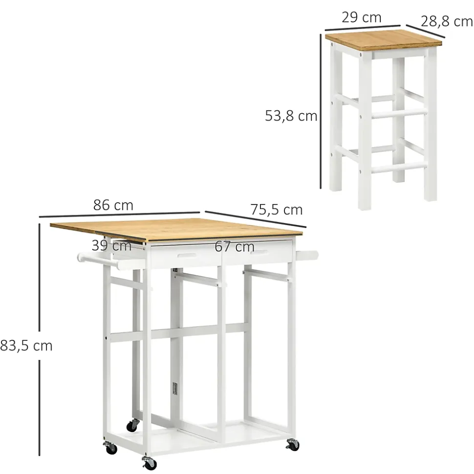 Ensemble table de bar pliable sur roulettes avec 2 tiroirs - 2 tabourets inclus - bois bambou verni et blanc