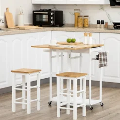 Ensemble table de bar pliable sur roulettes avec 2 tiroirs - 2 tabourets inclus - bois bambou verni et blanc