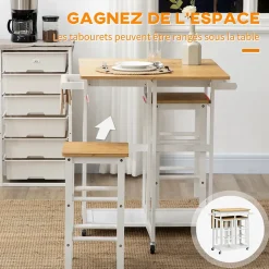 Ensemble table de bar pliable sur roulettes avec 2 tiroirs - 2 tabourets inclus - bois bambou verni et blanc