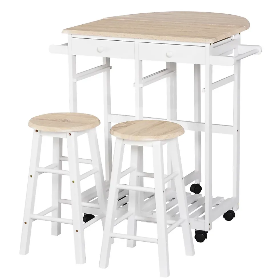 Ensemble table de bar pliable sur roulettes avec étagère et 2 tiroirs + 2 tabourets bois pin MDF blanc chêne clair