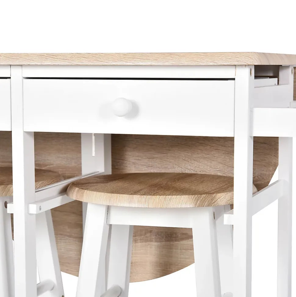 Ensemble table de bar pliable sur roulettes avec étagère et 2 tiroirs + 2 tabourets bois pin MDF blanc chêne clair