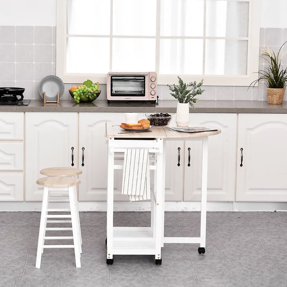 Ensemble table de bar pliable sur roulettes avec étagère et 2 tiroirs + 2 tabourets bois pin MDF blanc chêne clair