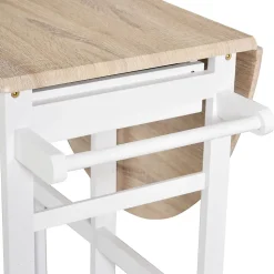 Ensemble table de bar pliable sur roulettes avec étagère et 2 tiroirs + 2 tabourets bois pin MDF blanc chêne clair