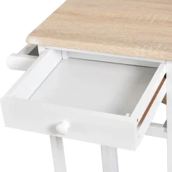 Ensemble table de bar pliable sur roulettes avec étagère et 2 tiroirs + 2 tabourets bois pin MDF blanc chêne clair