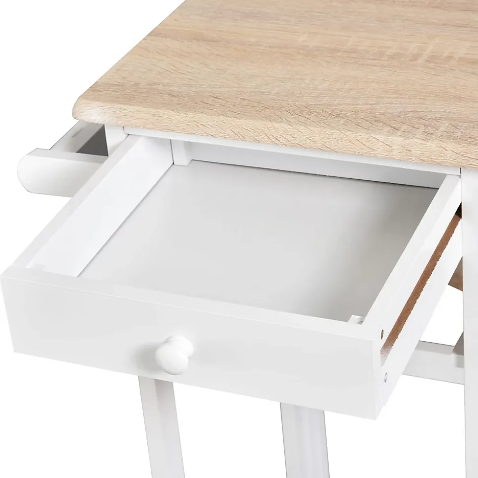 Ensemble table de bar pliable sur roulettes avec étagère et 2 tiroirs + 2 tabourets bois pin MDF blanc chêne clair
