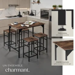 Ensemble table de bistrot 5 parties Style industriel Table avec 4 tabourets