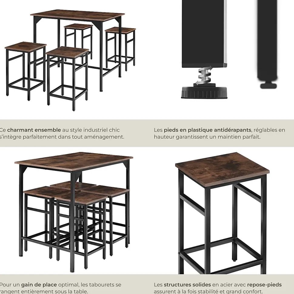 Ensemble table de bistrot 5 parties Style industriel Table avec 4 tabourets