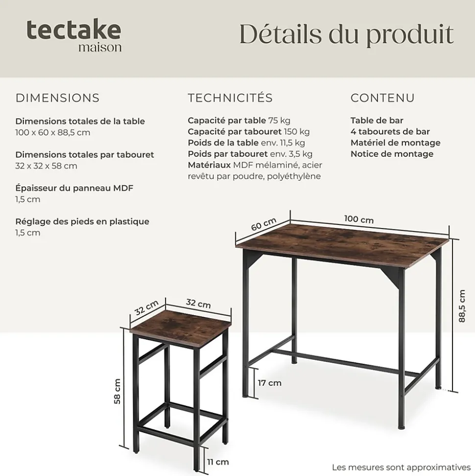 Ensemble table de bistrot 5 parties Style industriel Table avec 4 tabourets