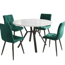 Ensemble Table et 4 Chaises - Table Ronde, Chaises Velours Ergonomiques, Salle à Manger Moderne Plateau Effet Marbre, Blanc/Vert