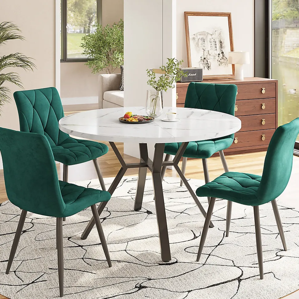 Ensemble Table et 4 Chaises - Table Ronde, Chaises Velours Ergonomiques, Salle à Manger Moderne Plateau Effet Marbre, Blanc/Vert