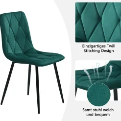 Ensemble Table et 4 Chaises - Table Ronde, Chaises Velours Ergonomiques, Salle à Manger Moderne Plateau Effet Marbre, Blanc/Vert
