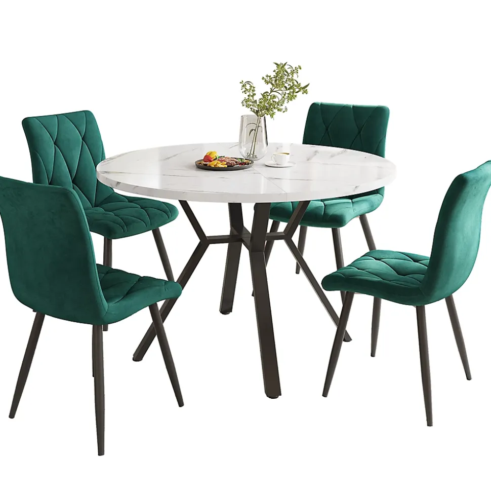Ensemble Table et 4 Chaises - Table Ronde, Chaises Velours Ergonomiques, Salle à Manger Moderne Plateau Effet Marbre, Blanc/Vert