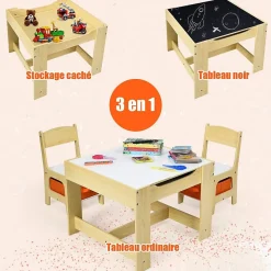 Ensemble Table et 2 Chaises avec 2 boits de rangement pour Enfants Table double face table dessin en boît