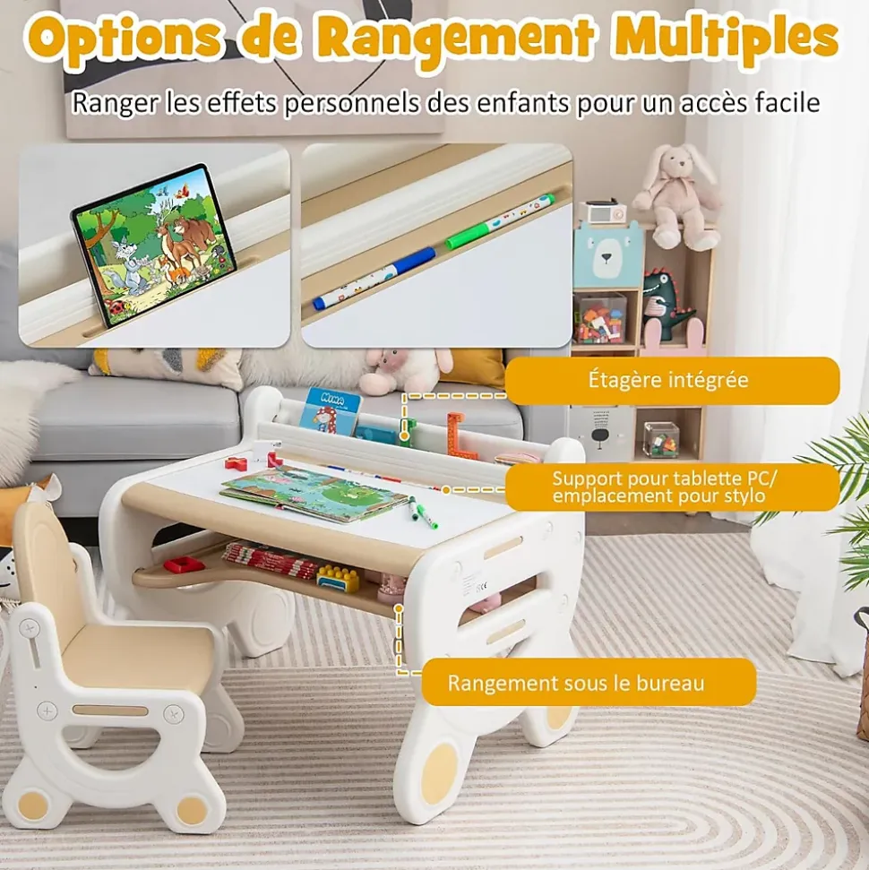 Ensemble Table et Chaise pour Enfants avec Plateau Effaçable Stylos Aquarelle et Gomme Ensemble de Table Activités Marron