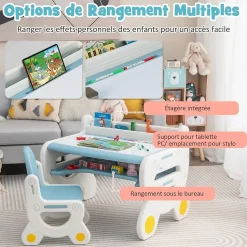 Ensemble Table et Chaise pour Enfants avec Plateau Effaçable Stylos Aquarelle Gomme Ensemble de Table Activités Bleu