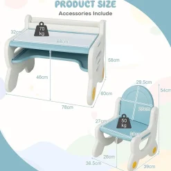 Ensemble Table et Chaise pour Enfants avec Plateau Effaçable Stylos Aquarelle Gomme Ensemble de Table Activités Bleu
