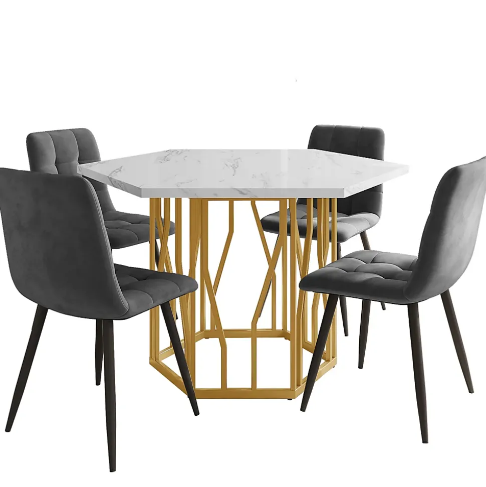 Ensemble table et chaises 115,5x100x75 cm avec 4 chaises, table hexagonale marbrée MDF et chaises velours gris