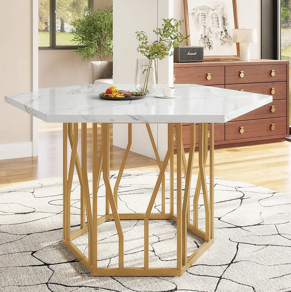 Ensemble table et chaises 115,5x100x75 cm avec 4 chaises, table hexagonale marbrée MDF et chaises velours gris