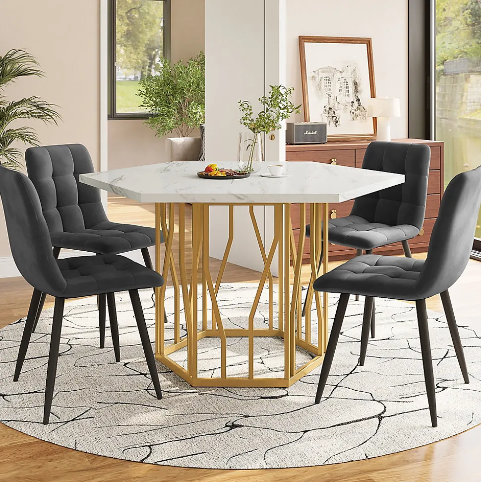 Ensemble table et chaises 115,5x100x75 cm avec 4 chaises, table hexagonale marbrée MDF et chaises velours gris