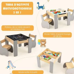 Ensemble Table et Chaises pour Enfants 3PCS avec Plateau Rabattable Dossier Ergonomique 4 en 1 Table Activités Gris