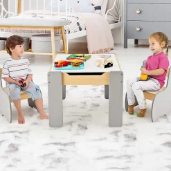 Ensemble Table et Chaises pour Enfants 3PCS avec Plateau Rabattable Dossier Ergonomique 4 en 1 Table Activités Gris