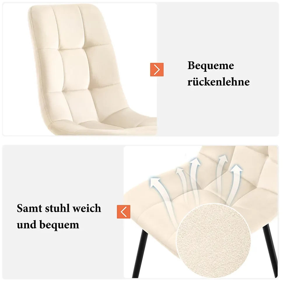 Ensemble Table et Chaises - 4 Chaises Velours Rembourrées avec Plateau MDF Rectangulaire, Pieds Métal, 117x68x75 cm, Blanc & Beige
