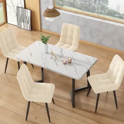 Ensemble Table et Chaises - 4 Chaises Velours Rembourrées avec Plateau MDF Rectangulaire, Pieds Métal, 117x68x75 cm, Blanc & Beige