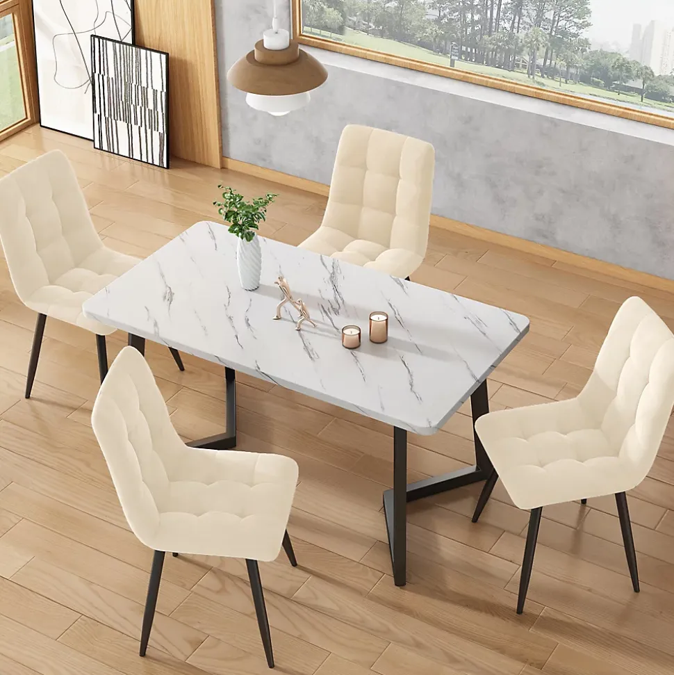 Ensemble Table et Chaises - 4 Chaises Velours Rembourrées avec Plateau MDF Rectangulaire, Pieds Métal, 117x68x75 cm, Blanc & Beige