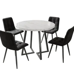 Ensemble table et chaises 80x75 cm table ronde avec 4 chaises assise en velours et structure métal