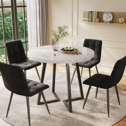Ensemble table et chaises 80x75 cm table ronde avec 4 chaises assise en velours et structure métal