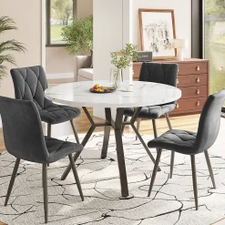 Ensemble Table et Chaises - Table Ronde et 4 Chaises Velours, Salle à Manger Moderne, Plateau Effet Marbre, Gris et Blanc