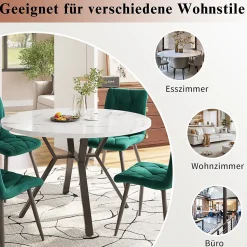 Ensemble Table et Chaises - Table Ronde et 4 Chaises Velours, Salle à Manger Moderne, Plateau Effet Marbre, Gris et Blanc