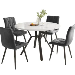 Ensemble Table et Chaises - Table Ronde et 4 Chaises Velours, Salle à Manger Moderne, Plateau Effet Marbre, Gris et Blanc