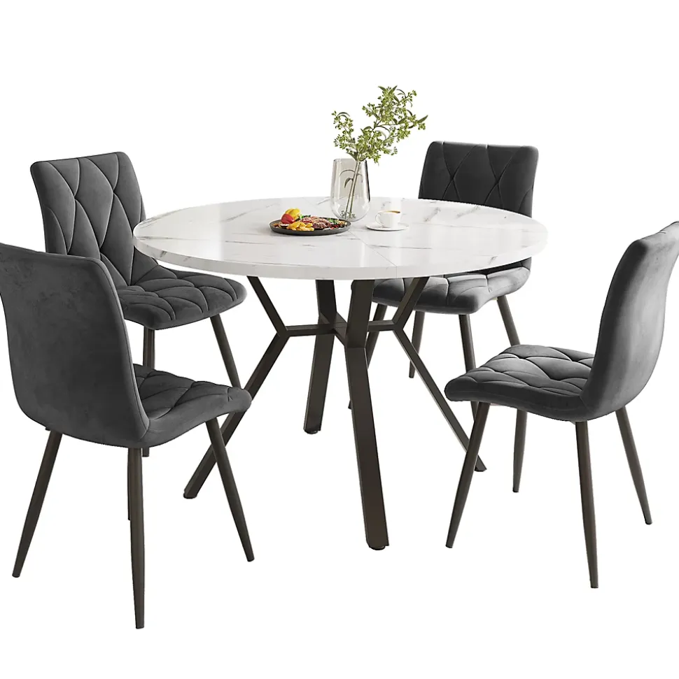 Ensemble Table et Chaises - Table Ronde et 4 Chaises Velours, Salle à Manger Moderne, Plateau Effet Marbre, Gris et Blanc
