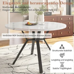 Ensemble Table et Chaises - Table Ronde et 4 Chaises Velours, Salle à Manger Moderne, Plateau Effet Marbre, Gris et Blanc