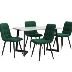 Ensemble Table et Chaises - Rectangulaire et 4 Chaises avec Assises Velours Rembourrées, MDF et Métal, Blanc/Vert Foncé