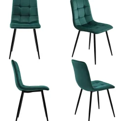 Ensemble Table et Chaises - Rectangulaire et 4 Chaises avec Assises Velours Rembourrées, MDF et Métal, Blanc/Vert Foncé