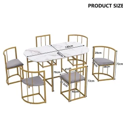 Ensemble Table et Chaises de Salle à Manger, Table Blanche, 6 Chaises en Velours Gris et Pieds Dorés, Design Élégant, 140x80x76 cm