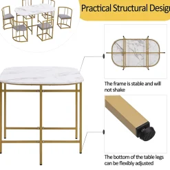 Ensemble Table et Chaises de Salle à Manger, Table Blanche, 6 Chaises en Velours Gris et Pieds Dorés, Design Élégant, 140x80x76 cm