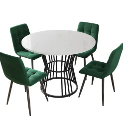 Ensemble Table et Chaises - Table Ronde MDF avec Pieds Métal Noir, 4 Chaises Velours, 100x75 cm, Blanc & Vert