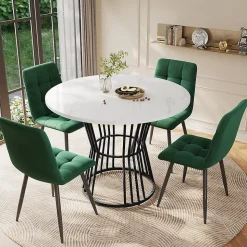 Ensemble Table et Chaises - Table Ronde MDF avec Pieds Métal Noir, 4 Chaises Velours, 100x75 cm, Blanc & Vert