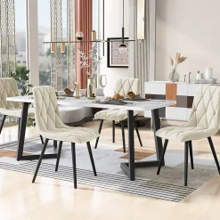 Ensemble Table et Chaises - Table Rectangulaire MDF avec 4 Chaises Velours à Motif Twill, Pieds Métal Noir, Blanc/Beige