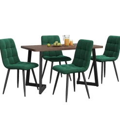 Ensemble Table et Chaises - Repas Rectangulaire avec Chaises Velours Confort et Table MDF, Pieds Métal Noir, Noyer/Vert Foncé