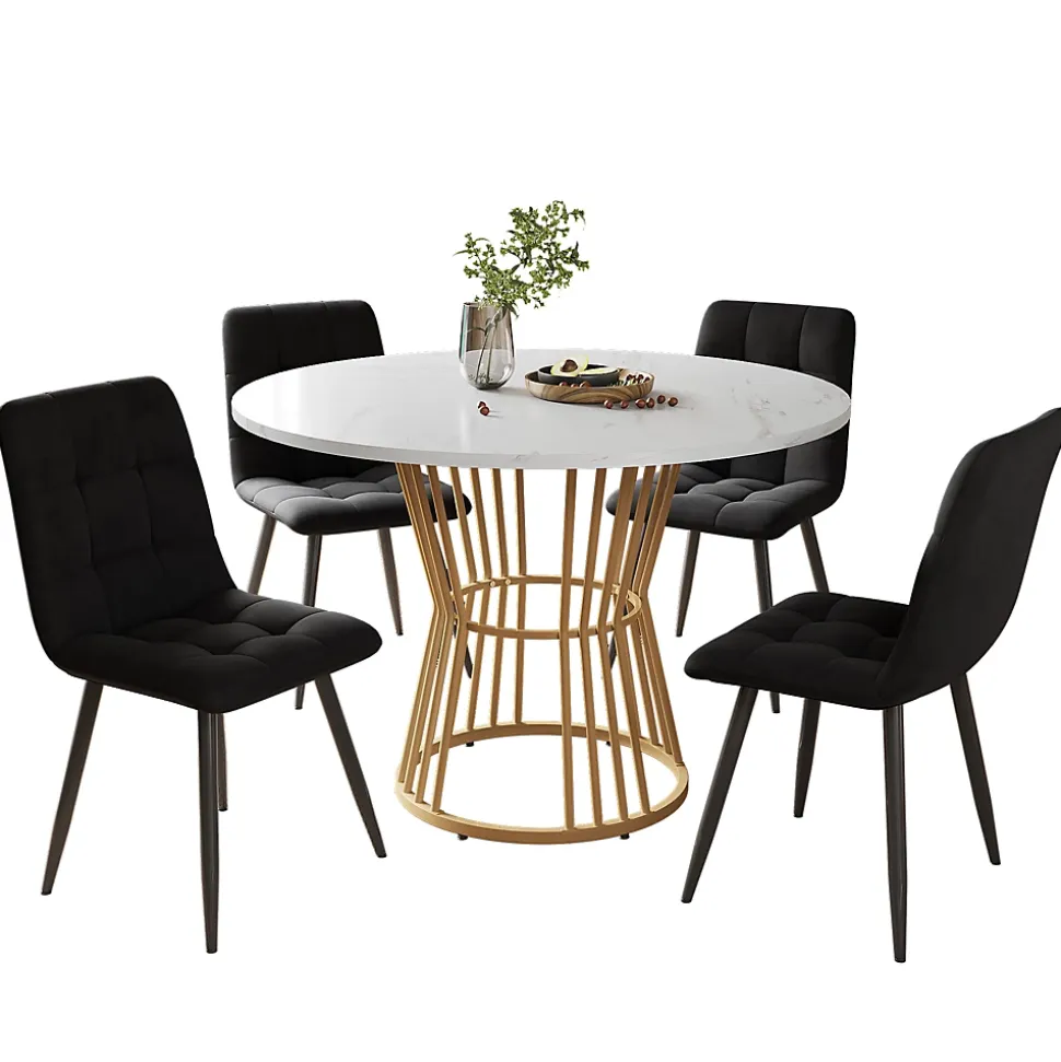 Ensemble table et chaises 100x75x75 cm rond MDF effet marbre avec 4 chaises velours et pieds métal réglables