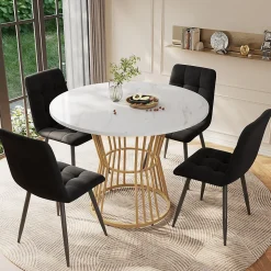 Ensemble table et chaises 100x75x75 cm rond MDF effet marbre avec 4 chaises velours et pieds métal réglables