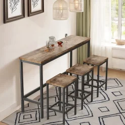 Ensemble Table et Chaises Salle à Manger - Table Rectangulaire avec 3 Tabourets Hauts, MDF+Métal, 148x40 cm, Bois Naturel